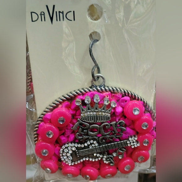 Pink and Silver Rock Crown Guitar Rhinestones Pendant Rock Princess Royalty - Picture 4 of 4
